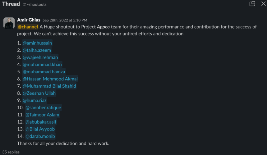 Slack shoutout from Appeo's project manager thanking the team for the project's success, with darab.monib listed among the fourteen names
