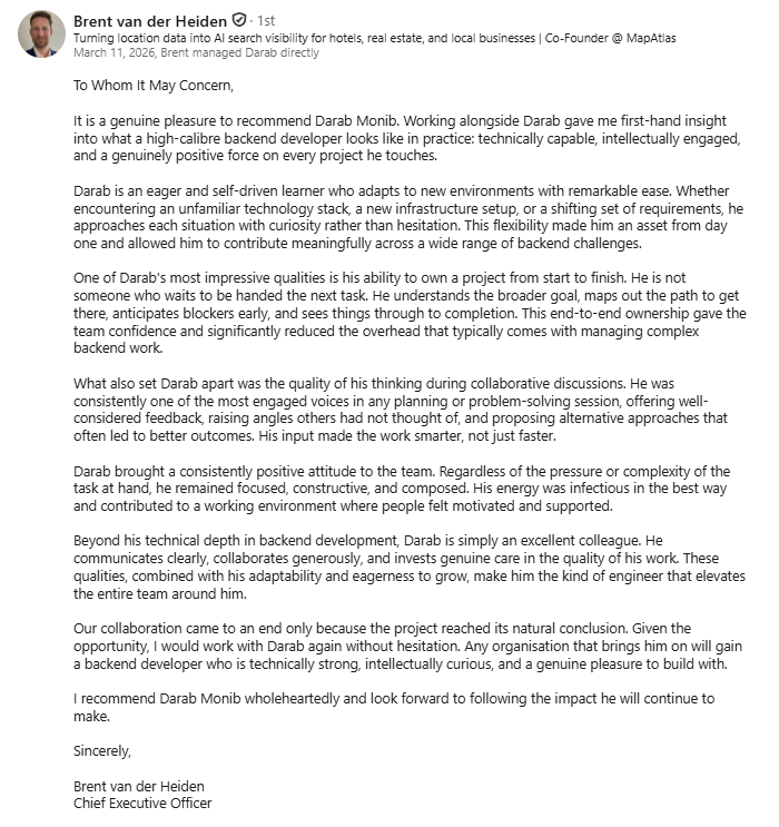 Preview of the LinkedIn recommendation letter from Brent van der Heiden, CEO of MapMetrics